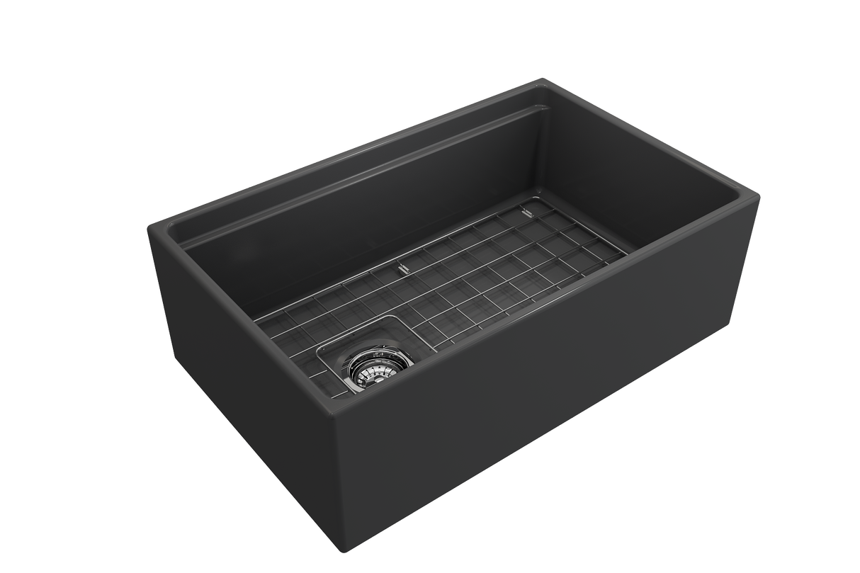 BOCCHI 1344-020-0120 Contempo Step-Rim Apron Front Fireclay 30 in. Single Bowl Kitchen Sink with Integrated Work Station & Accessories in Matte Dark Gray
