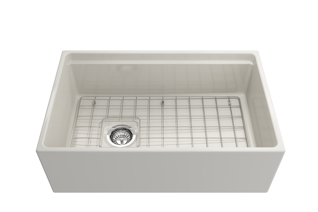BOCCHI 1344-014-0120 Contempo Step-Rim Apron Front Fireclay 30 in. Single Bowl Kitchen Sink with Integrated Work Station & Accessories in Biscuit