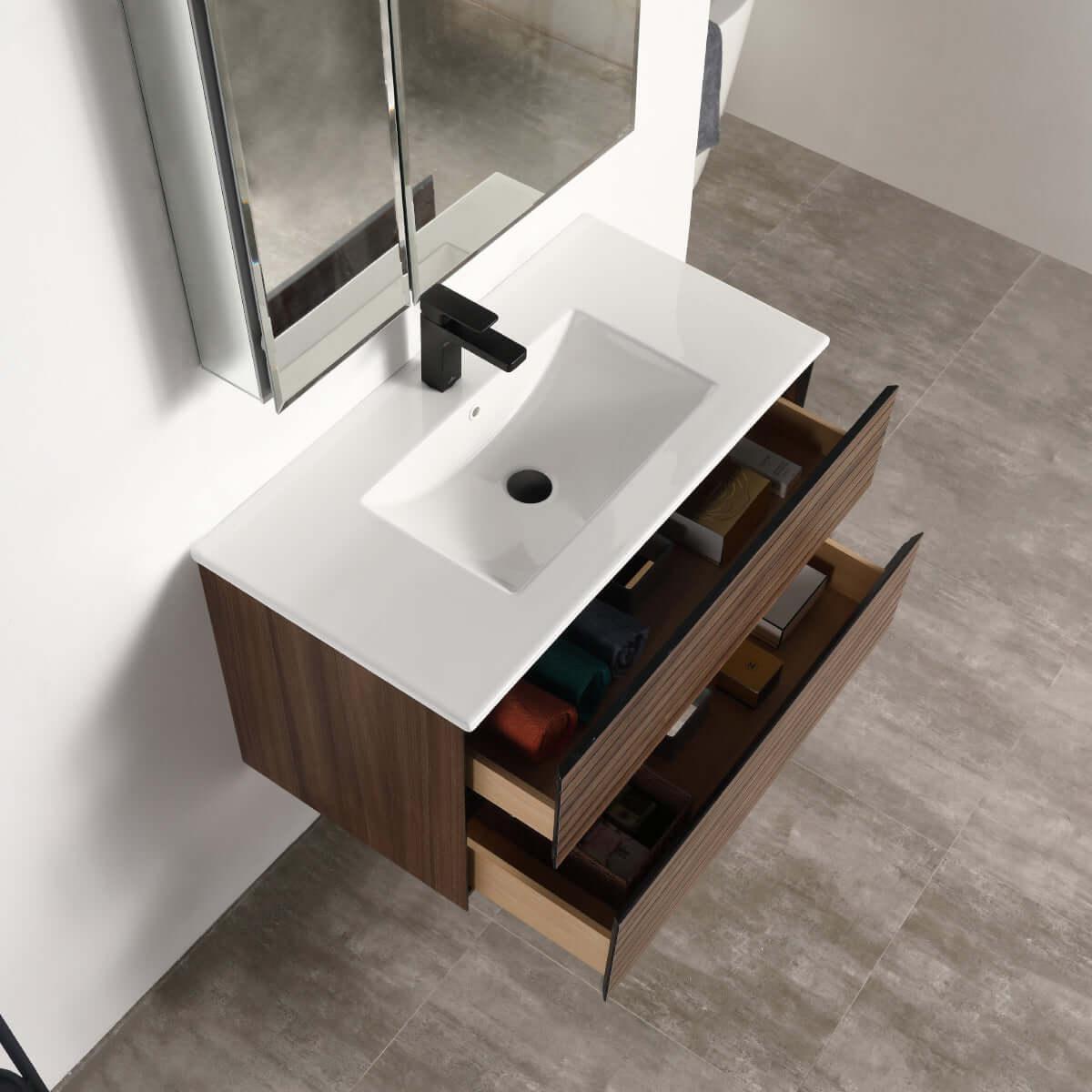 Blossom Annecy 36″ Wall-Hung Vanity - Modern Minimalist Design with Soft-Closing Drawers in Dark Walnut and Maple