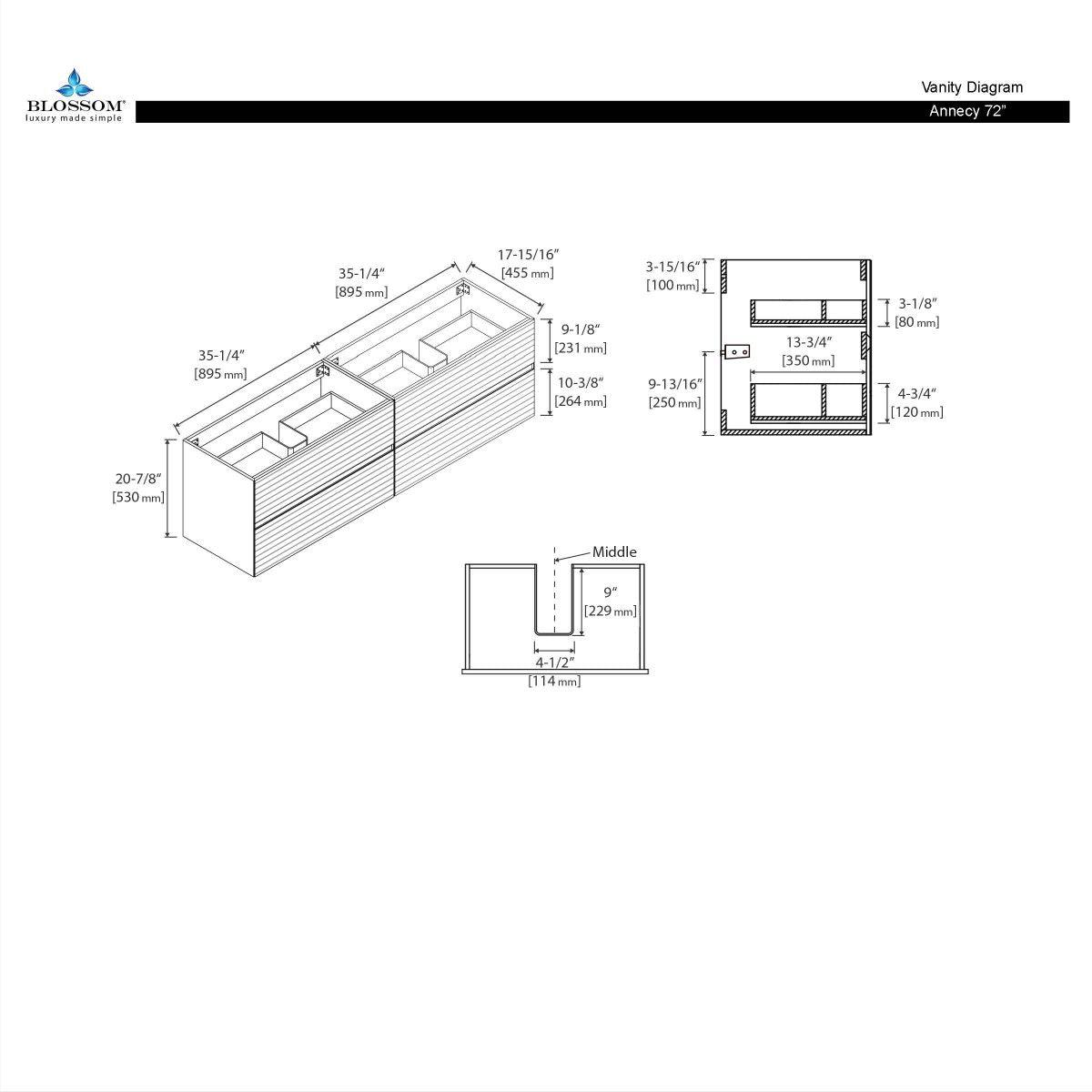 Blossom Annecy 72" Double Sink Vanity – Modern Minimalist Wall-Hung Design in Dark Walnut and Maple