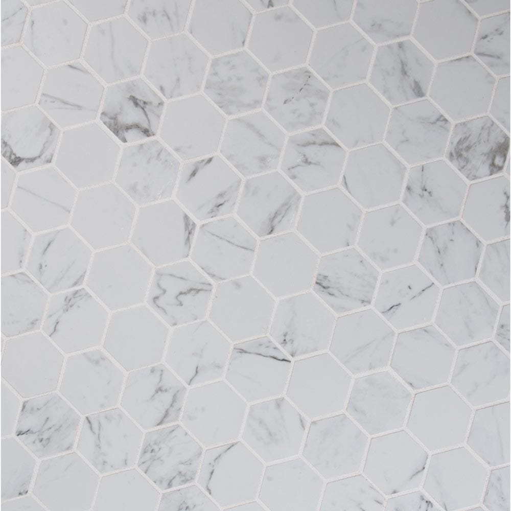 Pietra carrara hexagon 12X12 glazed porcelain mesh mounted mosaic tile NCAR2X2HEX-N product shot multiple tiles angle view