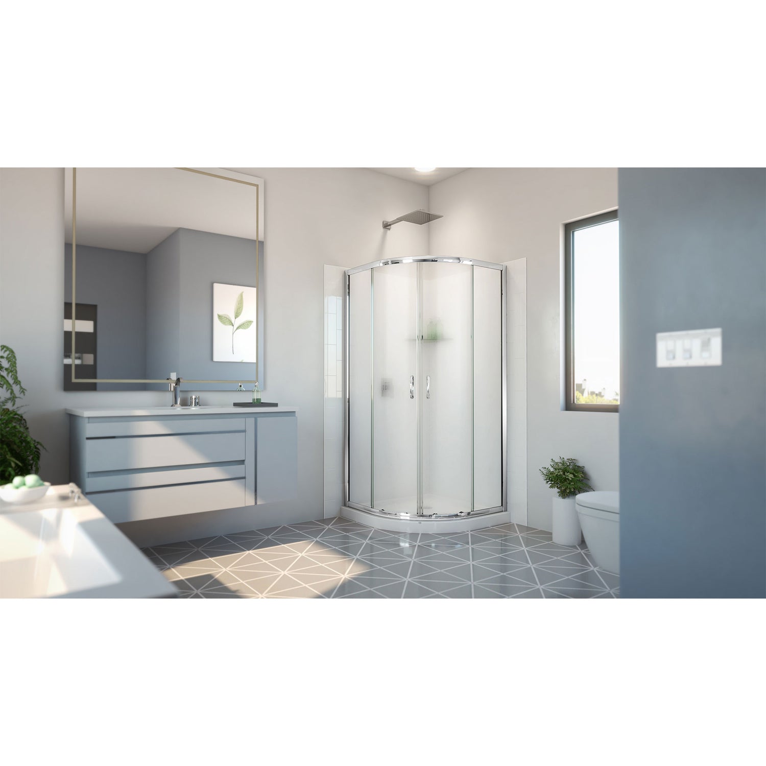DreamLine Prime 33 in. x 33 in. x 78 3/4 in. H Shower Enclosure, Base, and White Wall Kit in Chrome and Frosted Glass