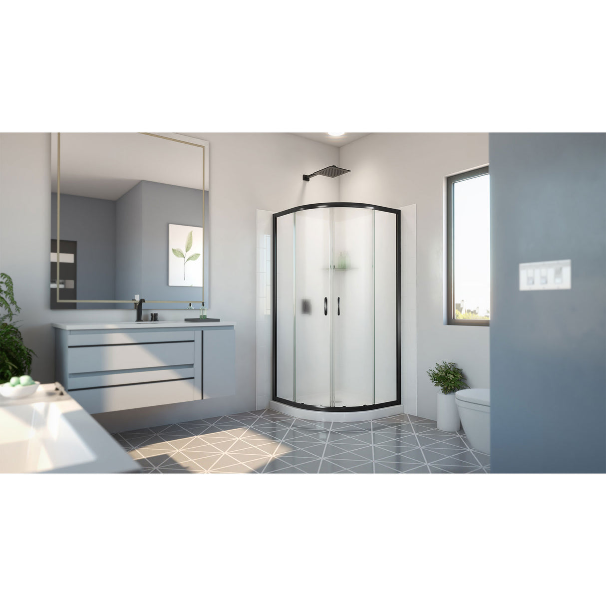 DreamLine Prime 33 in. x 33 in. x 78 3/4 in. H Shower Enclosure, Base, and White Wall Kit in Satin Black and Frosted Glass