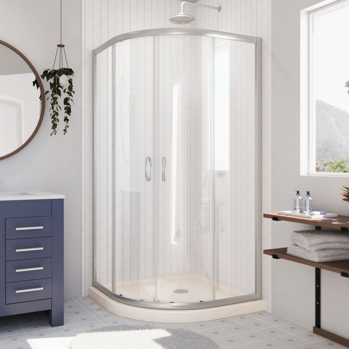 DreamLine Prime 36 in. x 74 3/4 in. Semi-Frameless Clear Glass Sliding Shower Enclosure in Brushed Nickel with Biscuit Base Kit