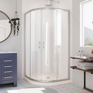 DreamLine Prime 36 in. x 74 3/4 in. Semi-Frameless Clear Glass Sliding Shower Enclosure in Brushed Nickel with Biscuit Base Kit
