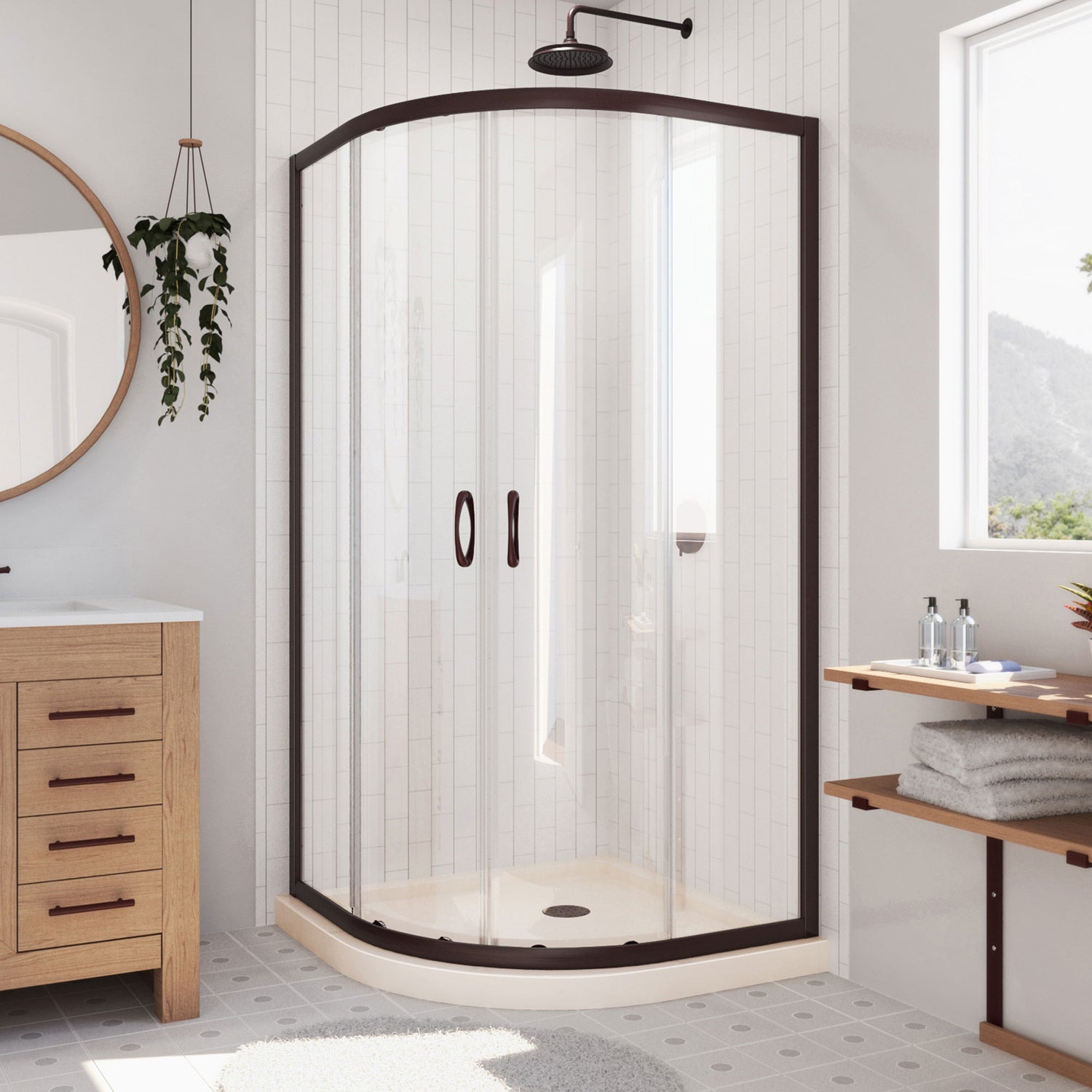 DreamLine Prime 36 in. x 74 3/4 in. Semi-Frameless Clear Glass Sliding Shower Enclosure in Oil Rubbed Bronze with Biscuit Base Kit