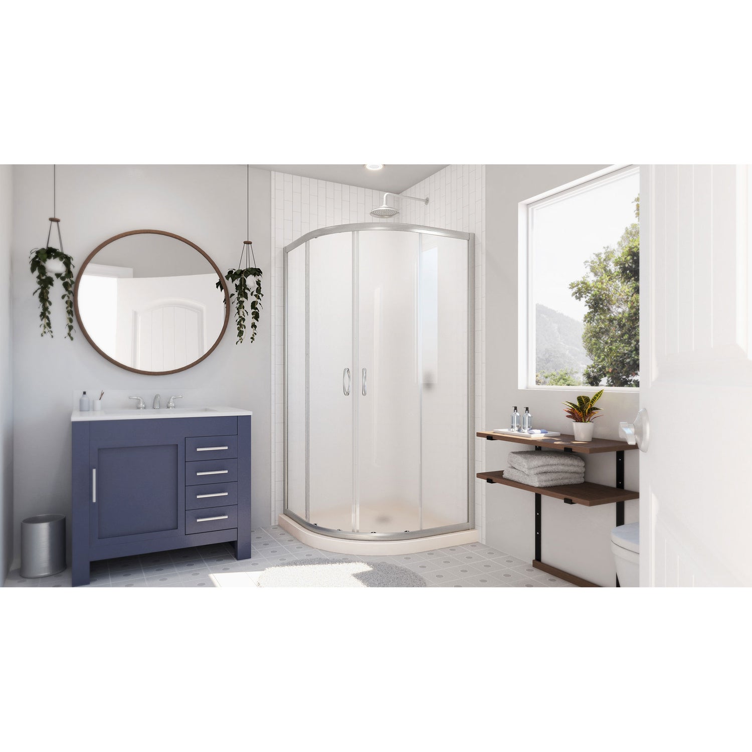 DreamLine Prime 36 in. x 74 3/4 in. Semi-Frameless Frosted Glass Sliding Shower Enclosure in Brushed Nickel with Biscuit Base Kit