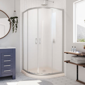 DreamLine Prime 36 in. x 74 3/4 in. Semi-Frameless Frosted Glass Sliding Shower Enclosure in Brushed Nickel with Biscuit Base Kit