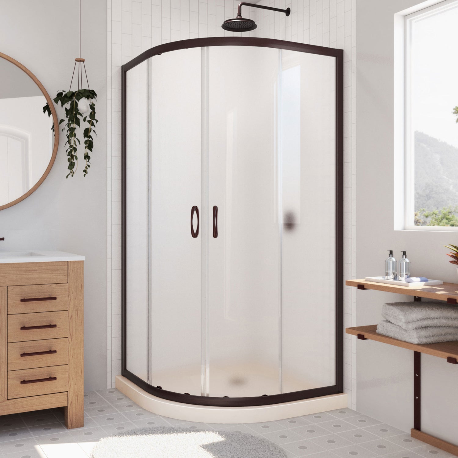 DreamLine Prime 33 in. x 74 3/4 in. Semi-Frameless Frosted Glass Sliding Shower Enclosure in Oil Rubbed Bronze, Biscuit Base Kit