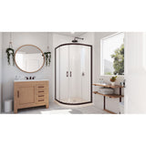 DreamLine Prime 33 in. x 74 3/4 in. Semi-Frameless Frosted Glass Sliding Shower Enclosure in Oil Rubbed Bronze, Biscuit Base Kit