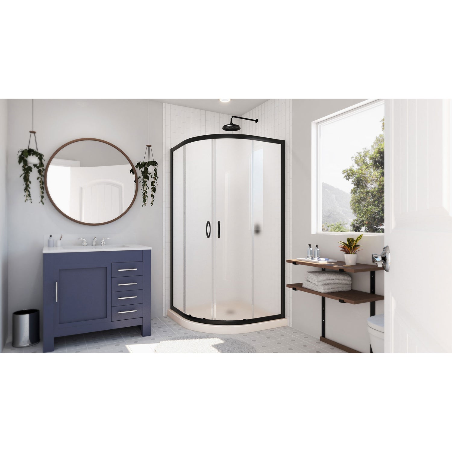 DreamLine Prime 33 in. x 74 3/4 in. Semi-Frameless Frosted Glass Sliding Shower Enclosure in Satin Black with Biscuit Base Kit