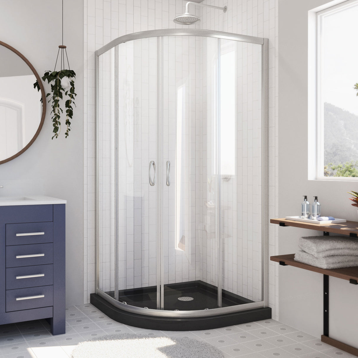 DreamLine Prime 36 in. x 74 3/4 in. Semi-Frameless Clear Glass Sliding Shower Enclosure in Brushed Nickel with Black Base Kit