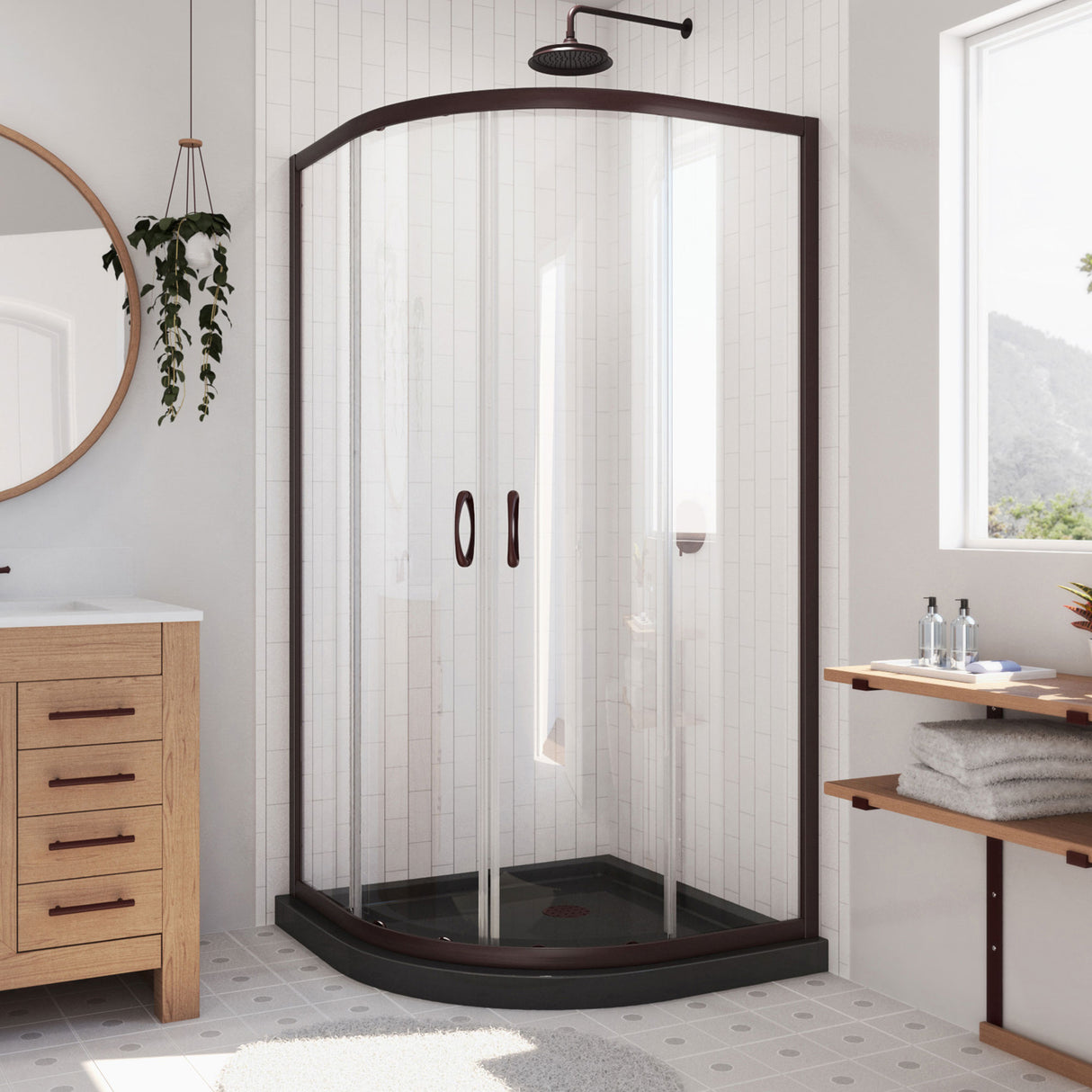 DreamLine Prime 36 in. x 74 3/4 in. Semi-Frameless Clear Glass Sliding Shower Enclosure in Oil Rubbed Bronze with Black Base Kit