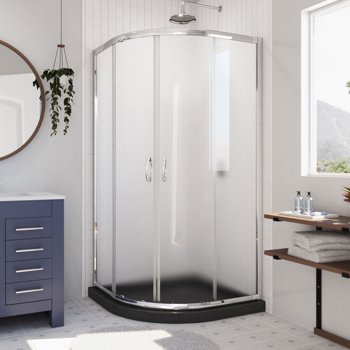 DreamLine Prime 33 in. x 74 3/4 in. Semi-Frameless Frosted Glass Sliding Shower Enclosure in Chrome with Black Base Kit