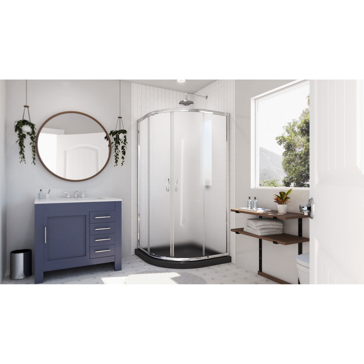 DreamLine Prime 33 in. x 74 3/4 in. Semi-Frameless Frosted Glass Sliding Shower Enclosure in Chrome with Black Base Kit