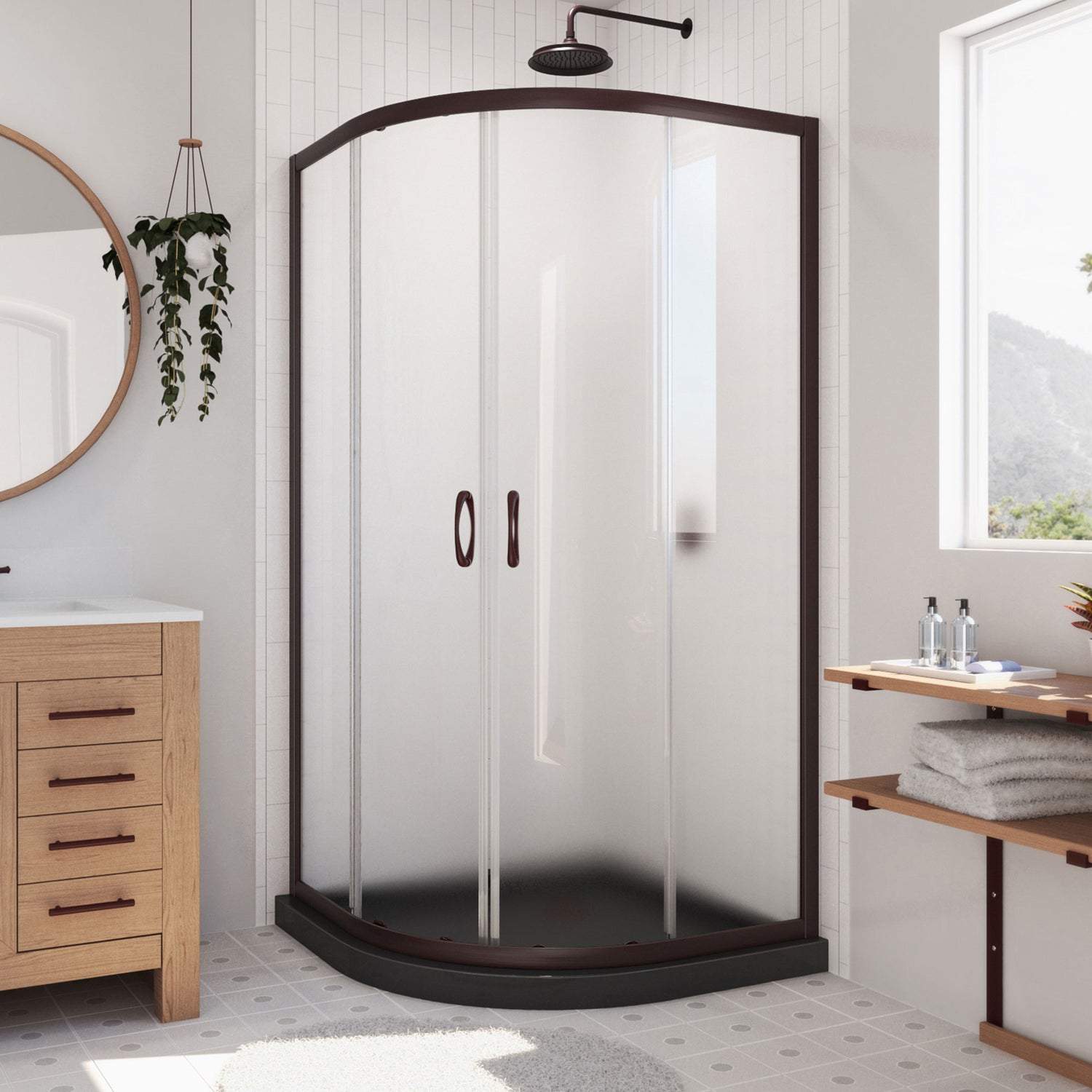 DreamLine Prime 36 in. x 74 3/4 in. Semi-Frameless Frosted Glass Sliding Shower Enclosure in Oil Rubbed Bronze with Black Base Kit