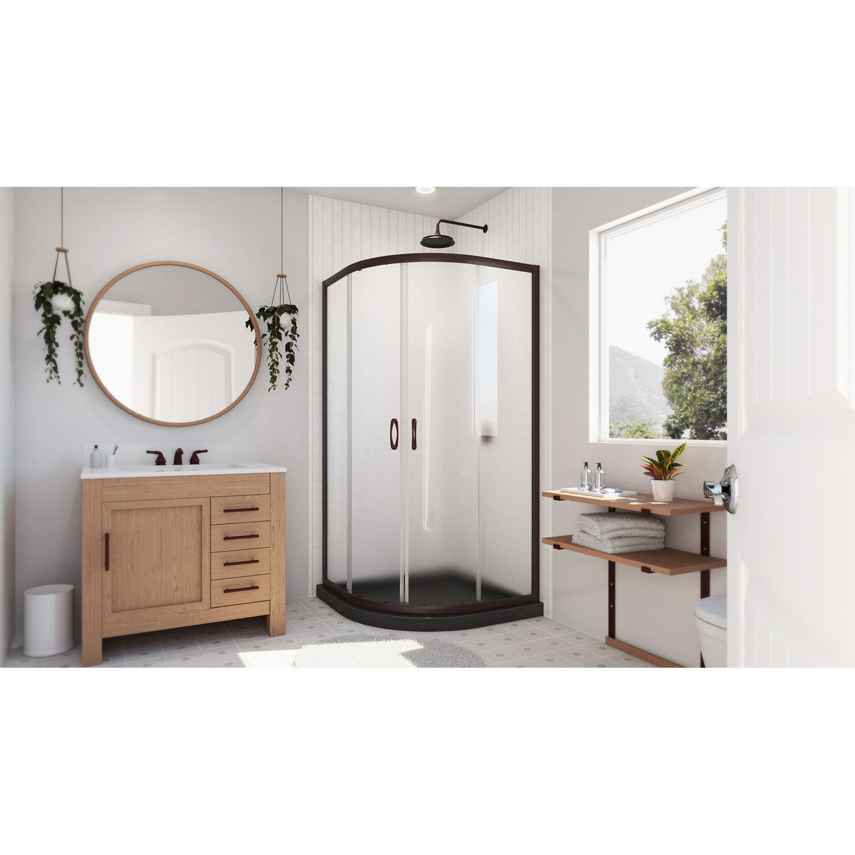 DreamLine Prime 36 in. x 74 3/4 in. Semi-Frameless Frosted Glass Sliding Shower Enclosure in Oil Rubbed Bronze with Black Base Kit