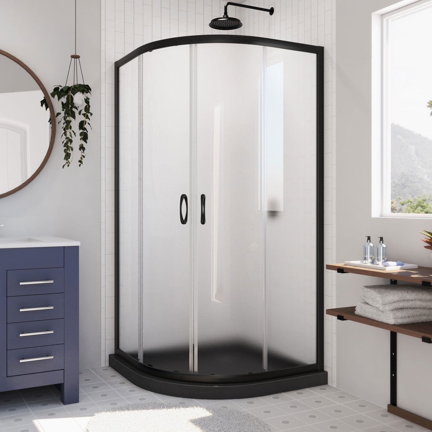 DreamLine Prime 36 in. x 74 3/4 in. Semi-Frameless Frosted Glass Sliding Shower Enclosure in Satin Black with Black Base Kit