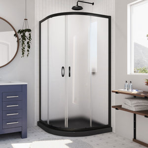DreamLine Prime 33 in. x 74 3/4 in. Semi-Frameless Frosted Glass Sliding Shower Enclosure in Satin Black with Black Base Kit
