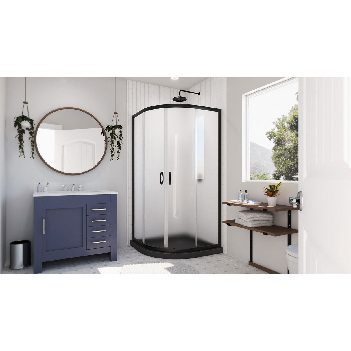 DreamLine Prime 38 in. x 74 3/4 in. Semi-Frameless Frosted Glass Sliding Shower Enclosure in Satin Black with Black Base Kit