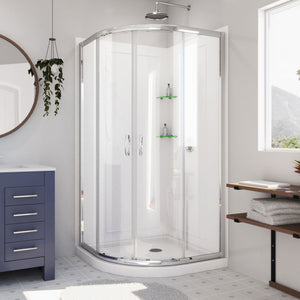 DreamLine Prime 33 in. x 76 3/4 in. Semi-Frameless Clear Glass Sliding Shower Enclosure in Chrome with White Base and Wall Kit