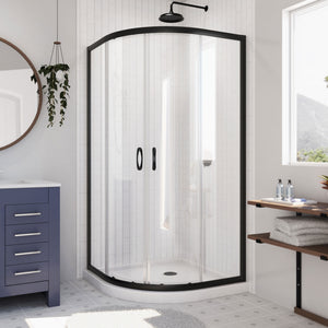 DreamLine Prime 36 in. x 74 3/4 in. Semi-Frameless Clear Glass Sliding Shower Enclosure in Satin Black with White Base Kit