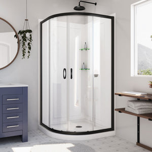 DreamLine Prime 36 in. x 76 3/4 in. Semi-Frameless Clear Glass Sliding Shower Enclosure in Satin Black with Base and Wall Kit
