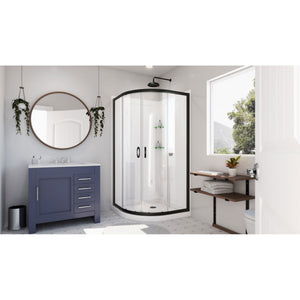 DreamLine Prime 36 in. x 76 3/4 in. Semi-Frameless Clear Glass Sliding Shower Enclosure in Satin Black with Base and Wall Kit