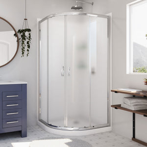 DreamLine Prime 33 in. x 76 3/4 in. Semi-Frameless Frosted Glass Sliding Shower Enclosure in Chrome with White Base and Wall Kit