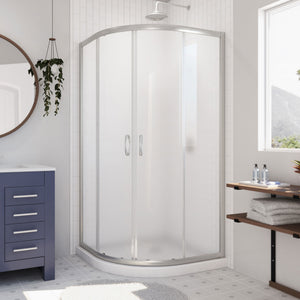 DreamLine Prime 33 in. x 74 3/4 in. Semi-Frameless Frosted Glass Sliding Shower Enclosure in Brushed Nickel with White Base Kit