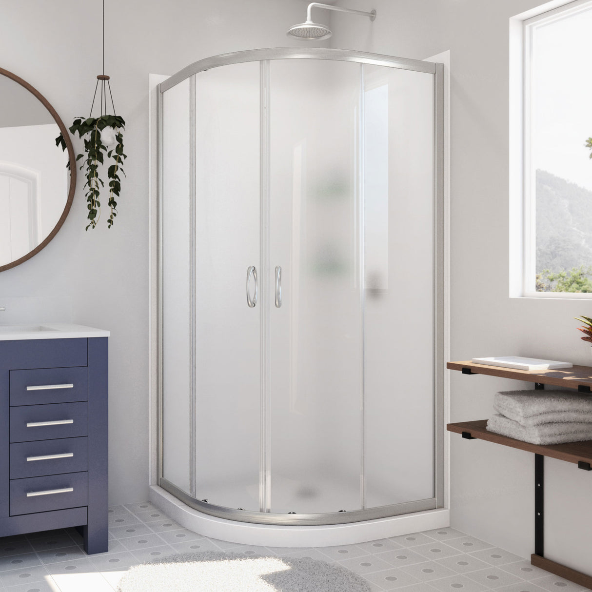 DreamLine Prime 33 in. x 76 3/4 in. Semi-Frameless Frosted Glass Sliding Shower Enclosure in Brushed Nickel with Base and Wall Kit
