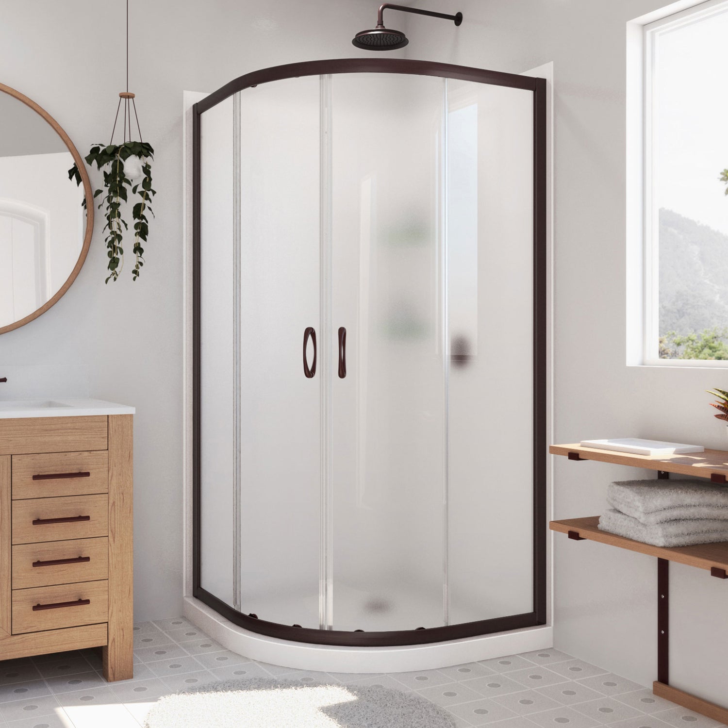 DreamLine Prime 33 in. x 76 3/4 in. Semi-Frameless Frosted Glass Sliding Shower Enclosure in Oil Rubbed Bronze, Base and Wall Kit