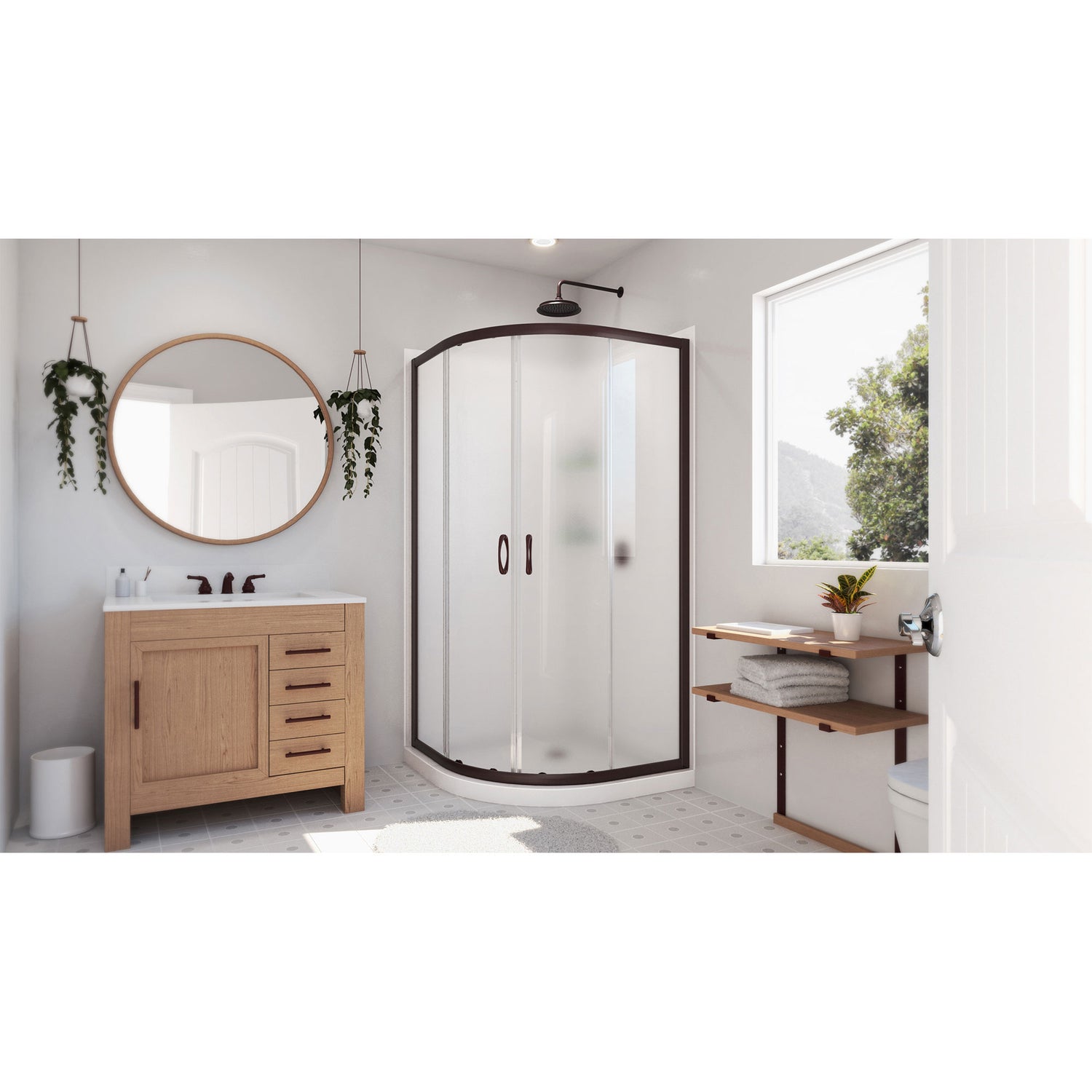 DreamLine Prime 33 in. x 76 3/4 in. Semi-Frameless Frosted Glass Sliding Shower Enclosure in Oil Rubbed Bronze, Base and Wall Kit