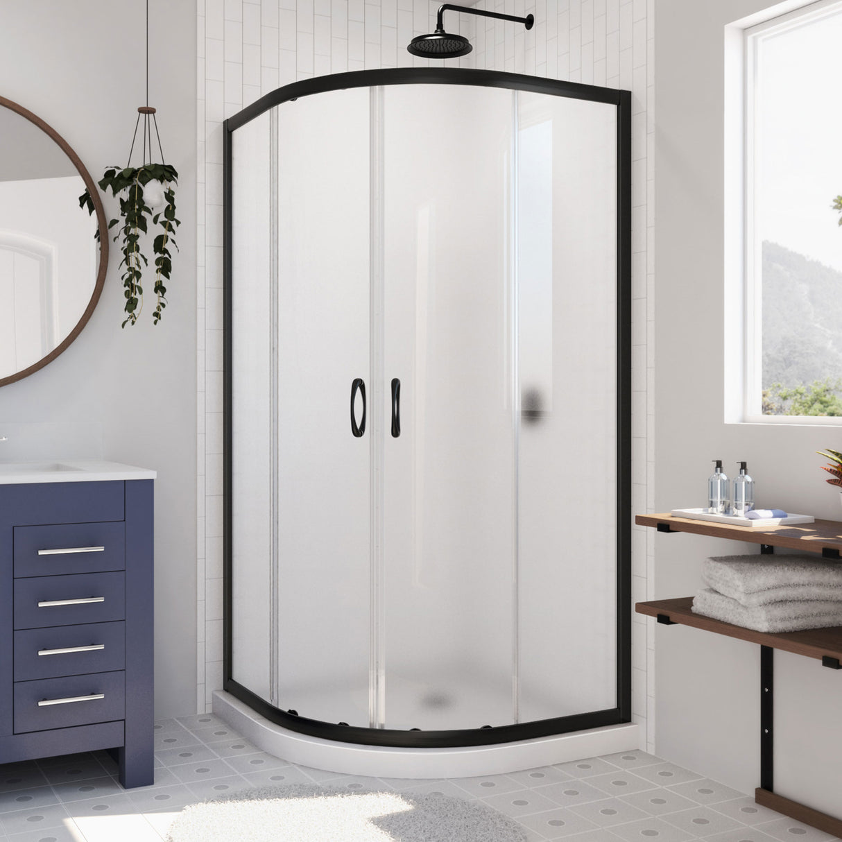 DreamLine Prime 33 in. x 74 3/4 in. Semi-Frameless Frosted Glass Sliding Shower Enclosure in Satin Black with White Base Kit