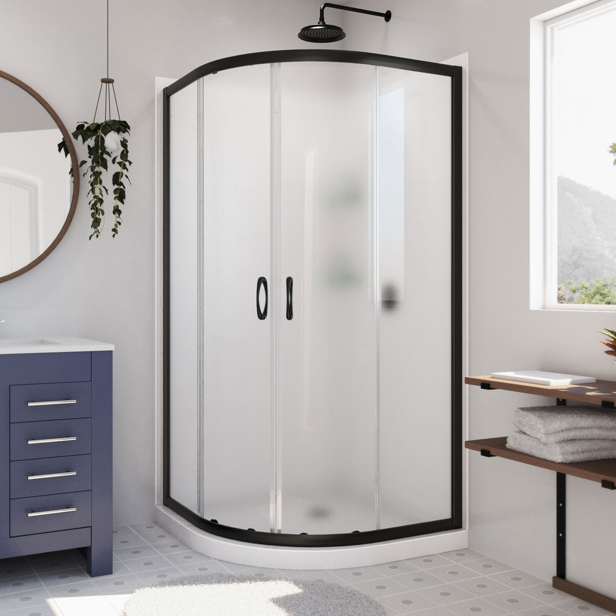 DreamLine Prime 33 in. x 76 3/4 in. Semi-Frameless Frosted Glass Sliding Shower Enclosure in Satin Black with Base and Wall Kit