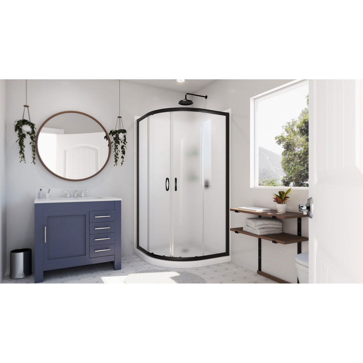 DreamLine Prime 33 in. x 76 3/4 in. Semi-Frameless Frosted Glass Sliding Shower Enclosure in Satin Black with Base and Wall Kit