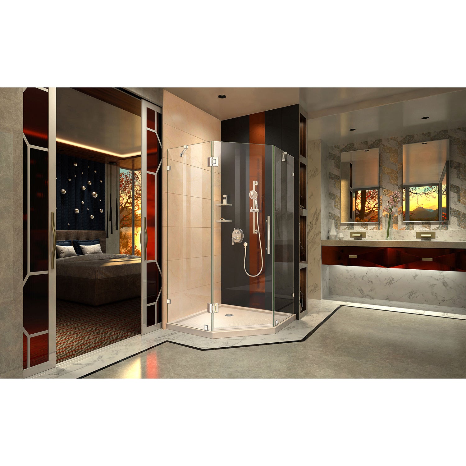 DreamLine Prism Lux 40 in. x 74 3/4 in. Fully Frameless Neo-Angle Shower Enclosure in Chrome with Biscuit Base