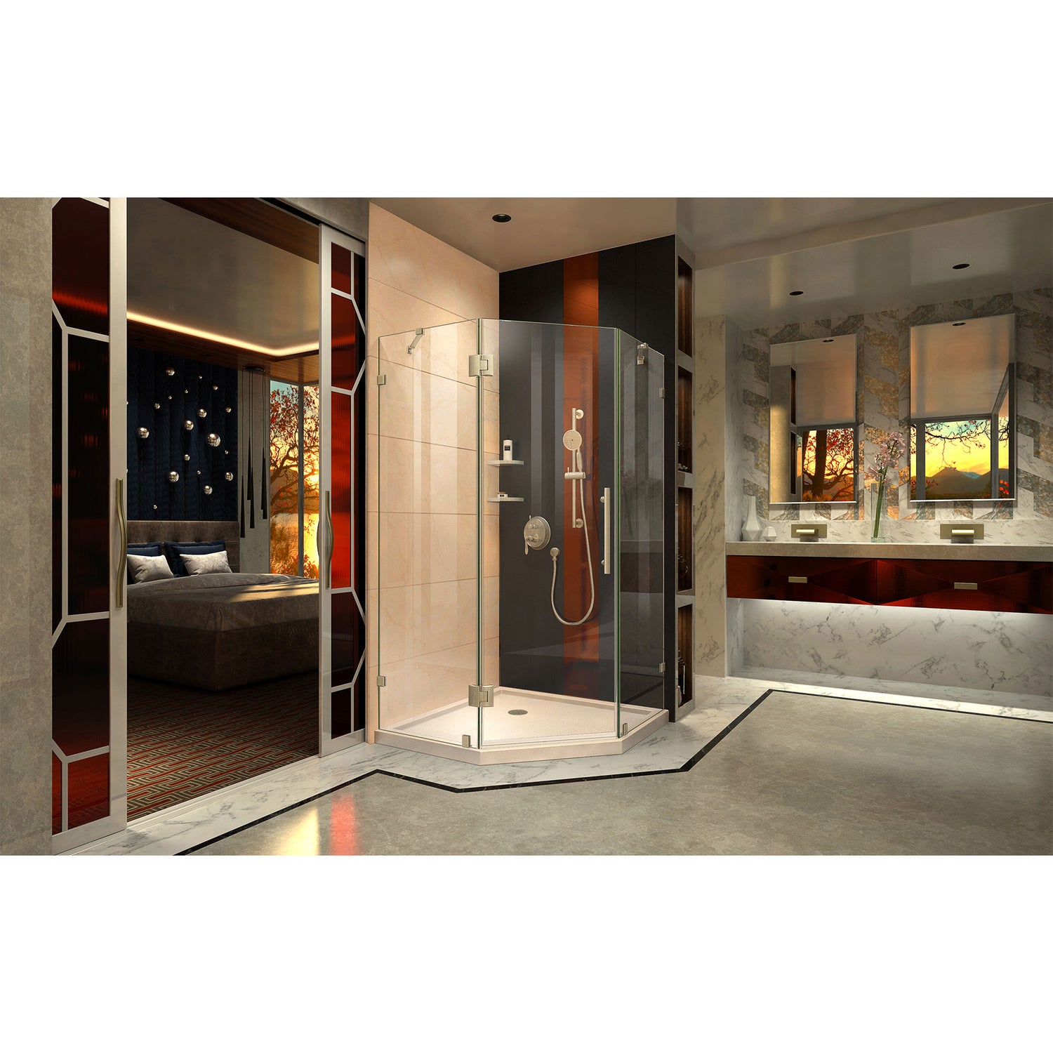 DreamLine Prism Lux 36 in. x 74 3/4 in. Fully Frameless Neo-Angle Shower Enclosure in Brushed Nickel with Biscuit Base
