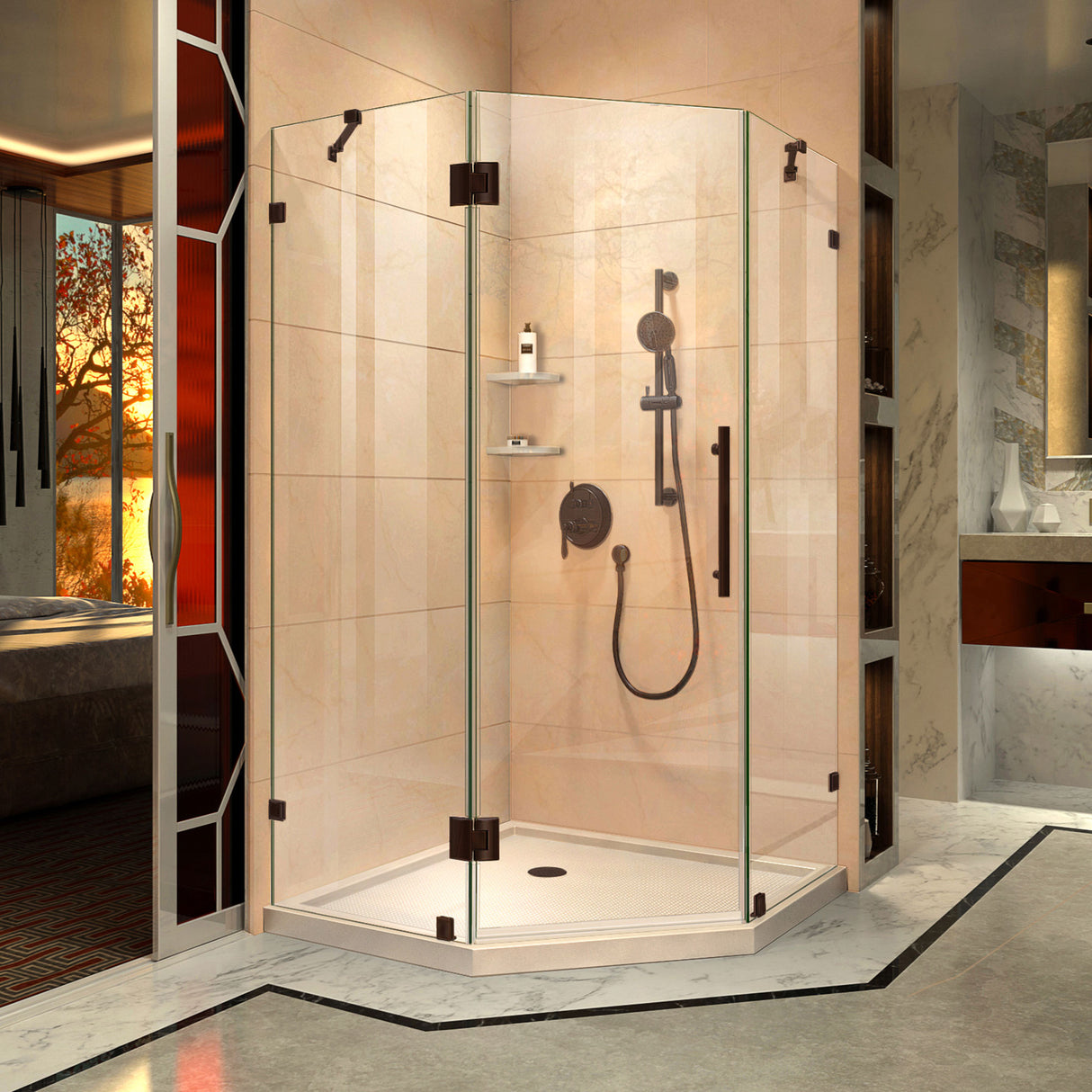 DreamLine Prism Lux 40 in. x 74 3/4 in. Fully Frameless Neo-Angle Shower Enclosure in Oil Rubbed Bronze with Biscuit Base