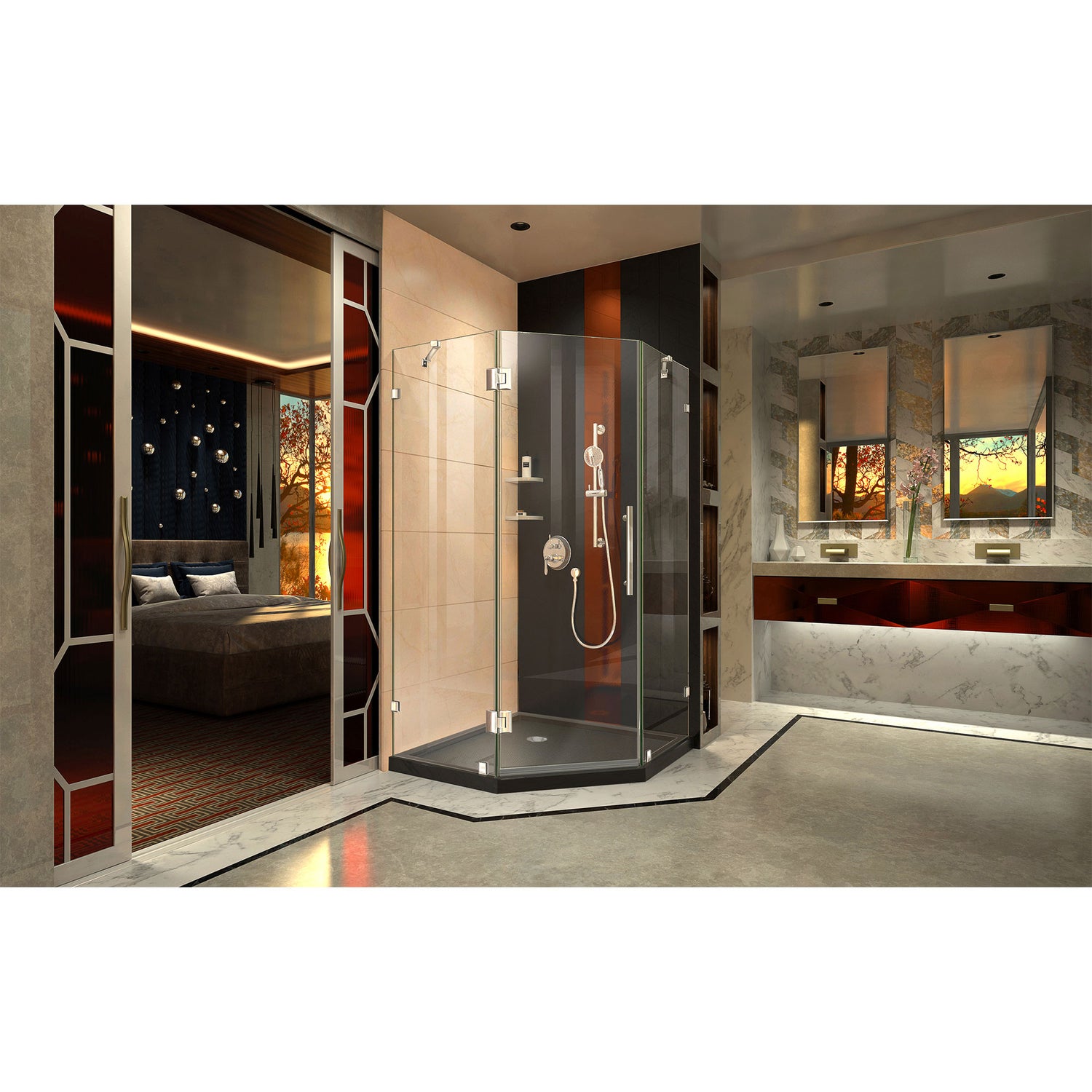 DreamLine Prism Lux 40 in. x 74 3/4 in. Fully Frameless Neo-Angle Shower Enclosure in Chrome with Black Base