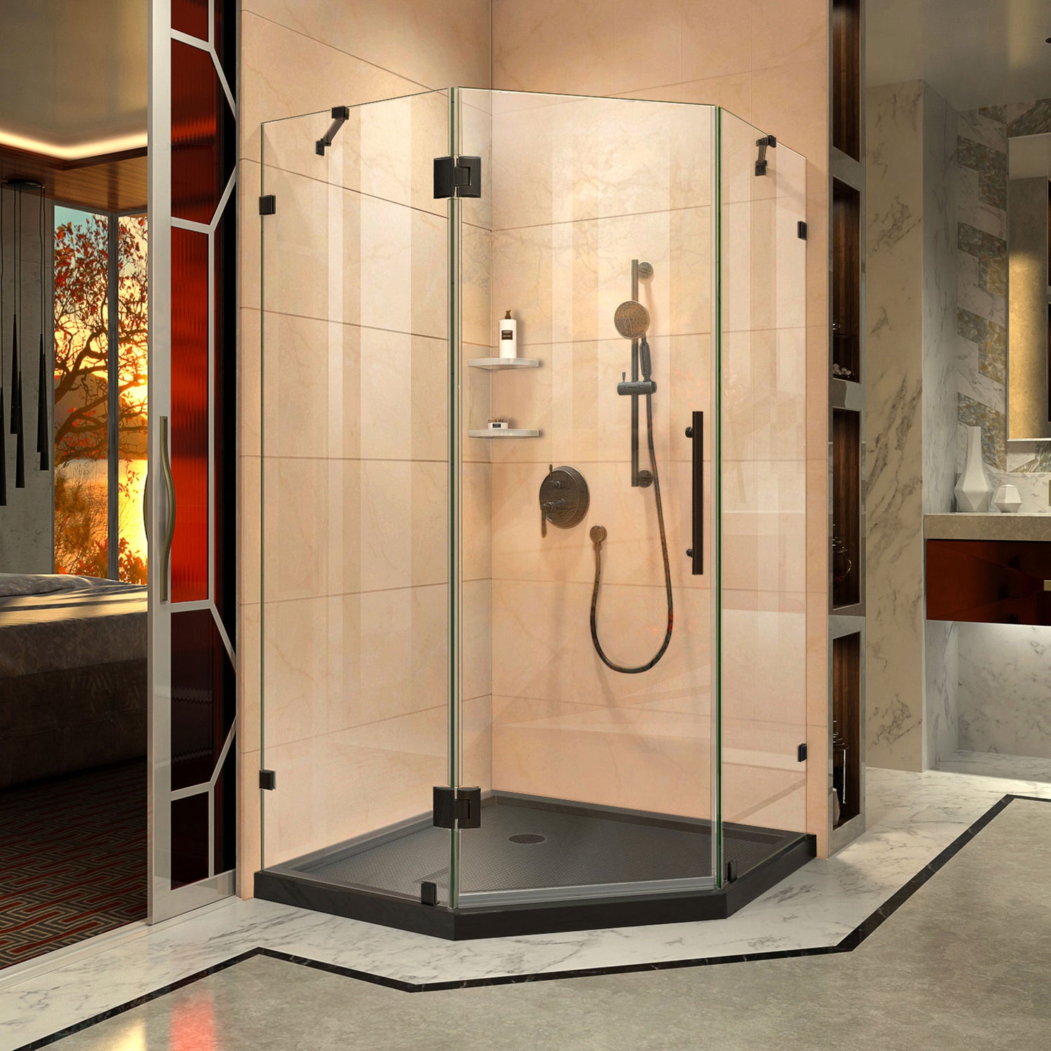 DreamLine Prism Lux 38 in. x 74 3/4 in. Fully Frameless Neo-Angle Shower Enclosure in Satin Black with Black Base