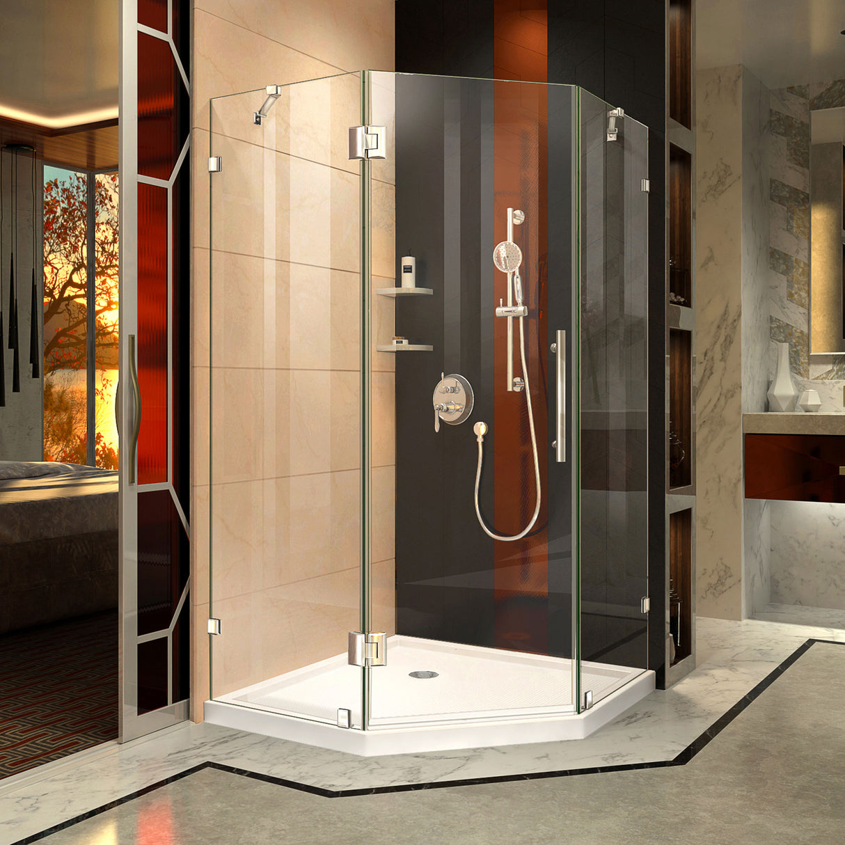 DreamLine Prism Lux 40 in. x 74 3/4 in. Fully Frameless Neo-Angle Shower Enclosure in Chrome with White Base