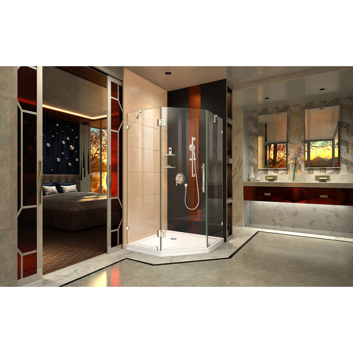 DreamLine Prism Lux 40 in. x 74 3/4 in. Fully Frameless Neo-Angle Shower Enclosure in Chrome with White Base