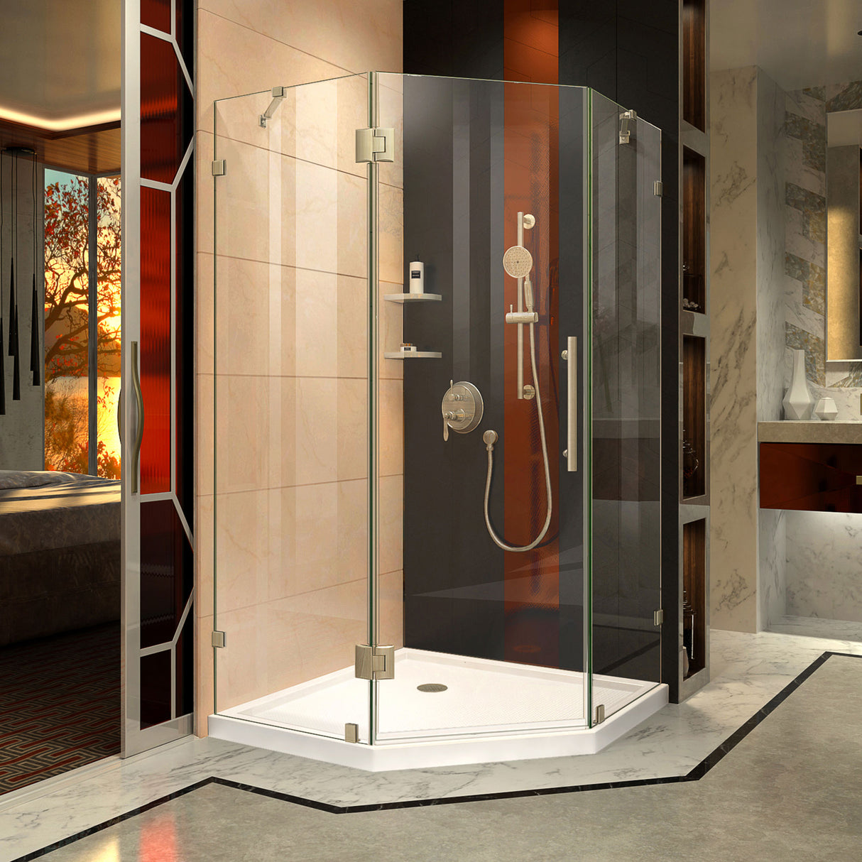 DreamLine Prism Lux 38 in. x 74 3/4 in. Fully Frameless Neo-Angle Shower Enclosure in Brushed Nickel with White Base