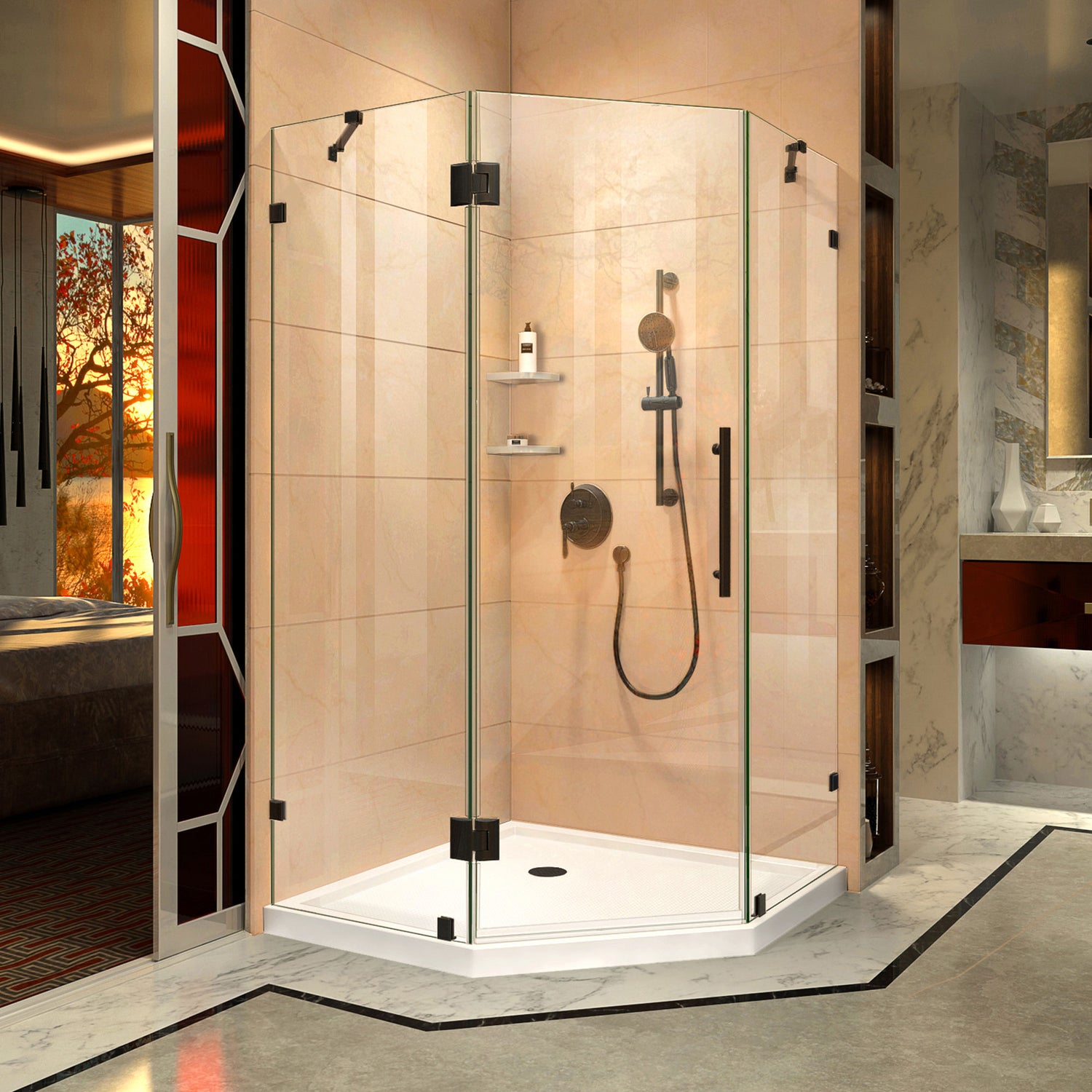DreamLine Prism Lux 38 in. x 74 3/4 in. Fully Frameless Neo-Angle Shower Enclosure in Satin Black with White Base