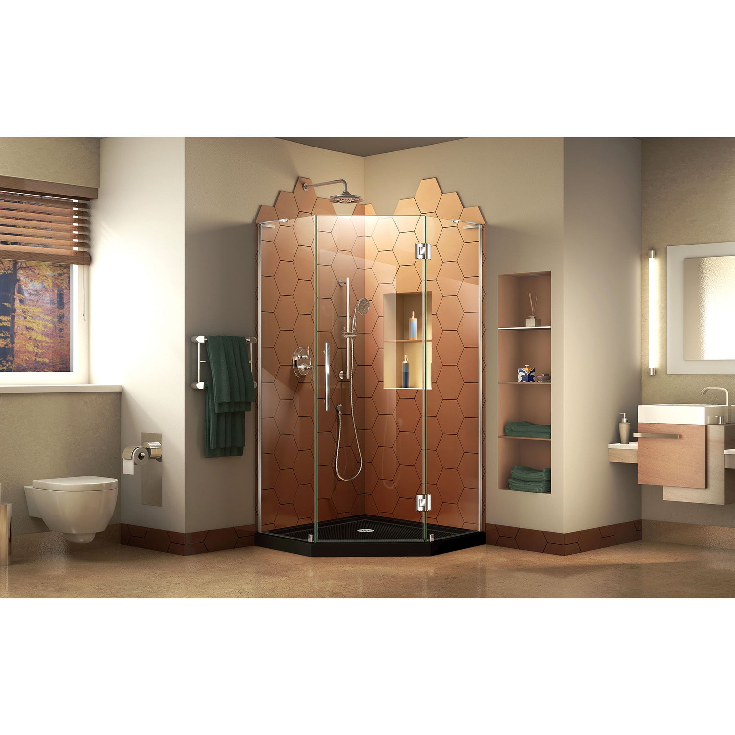 DreamLine Prism Plus 38 in. x 74 3/4 in. Frameless Neo-Angle Shower Enclosure in Chrome with Black Base