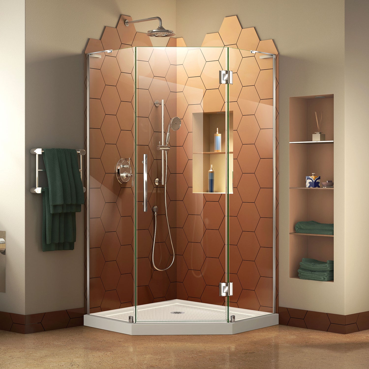 DreamLine Prism Plus 38 in. x 74 3/4 in. Frameless Neo-Angle Shower Enclosure in Chrome with Biscuit Base