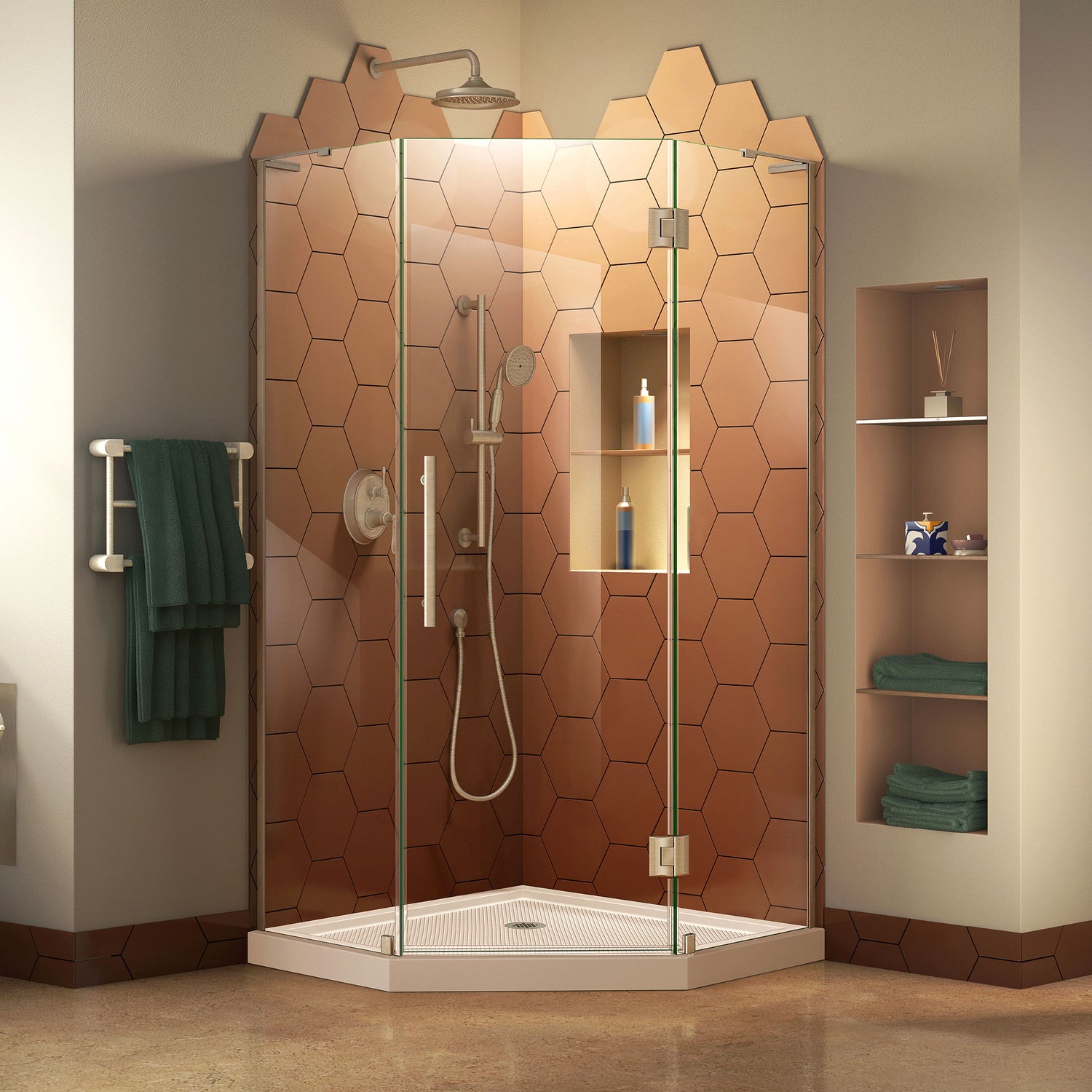 DreamLine Prism Plus 40 in. x 74 3/4 in. Frameless Neo-Angle Shower Enclosure in Brushed Nickel with Biscuit Base