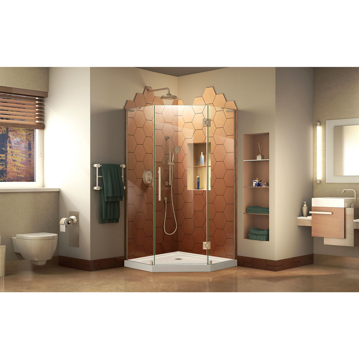 DreamLine Prism Plus 40 in. x 74 3/4 in. Frameless Neo-Angle Shower Enclosure in Brushed Nickel with White Base