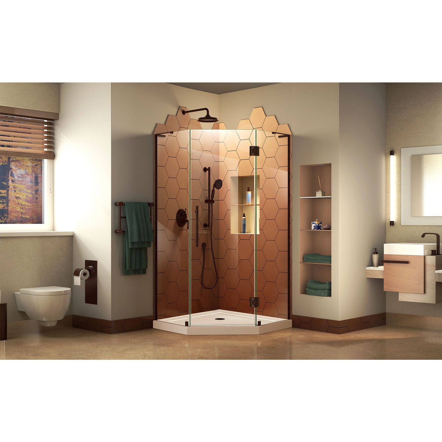 DreamLine Prism Plus 36 in. x 74 3/4 in. Frameless Neo-Angle Shower Enclosure in Oil Rubbed Bronze with Biscuit Base
